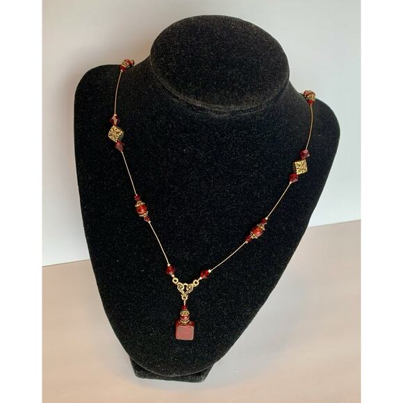Vintage Look Gold Bronze Tone Red Glass Drop Beads Necklace, Handmade NEW - Picture 2 of 8
